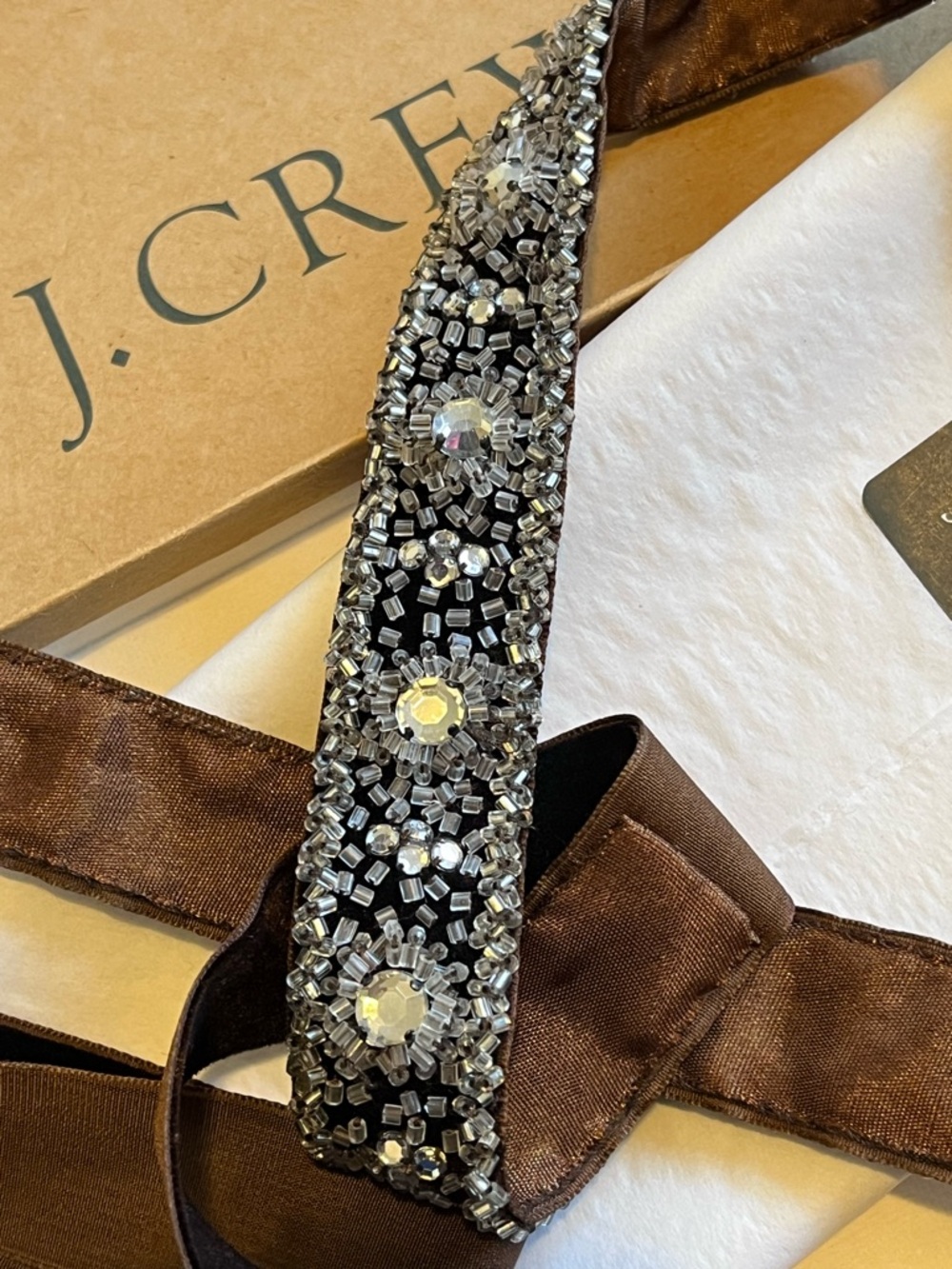 J. Crew Beaded Jeweled Sash Belt in Chocolate Brown Velvet with Clear Beads - Picture 2 of 8